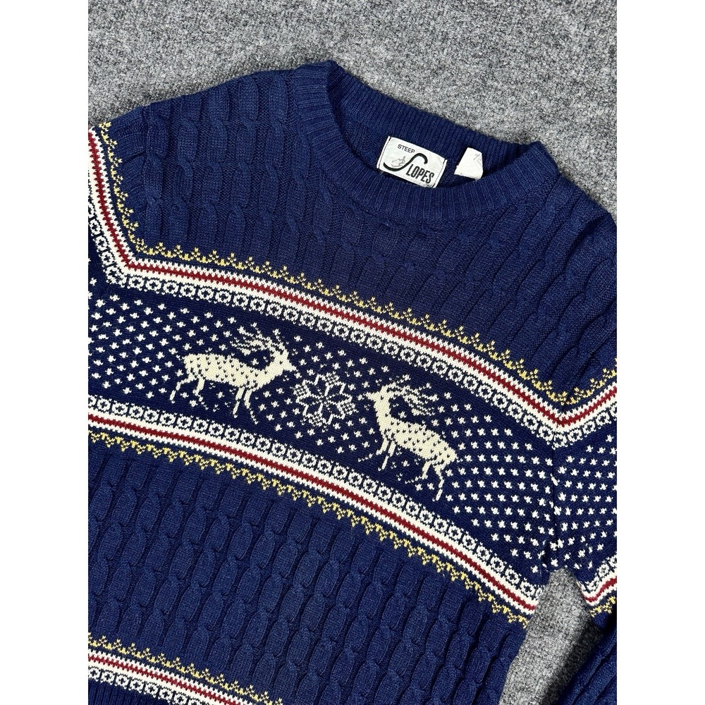 Vintage Steep Slopes Sweater Mens XL Pullover Deer Blue Cable knit
